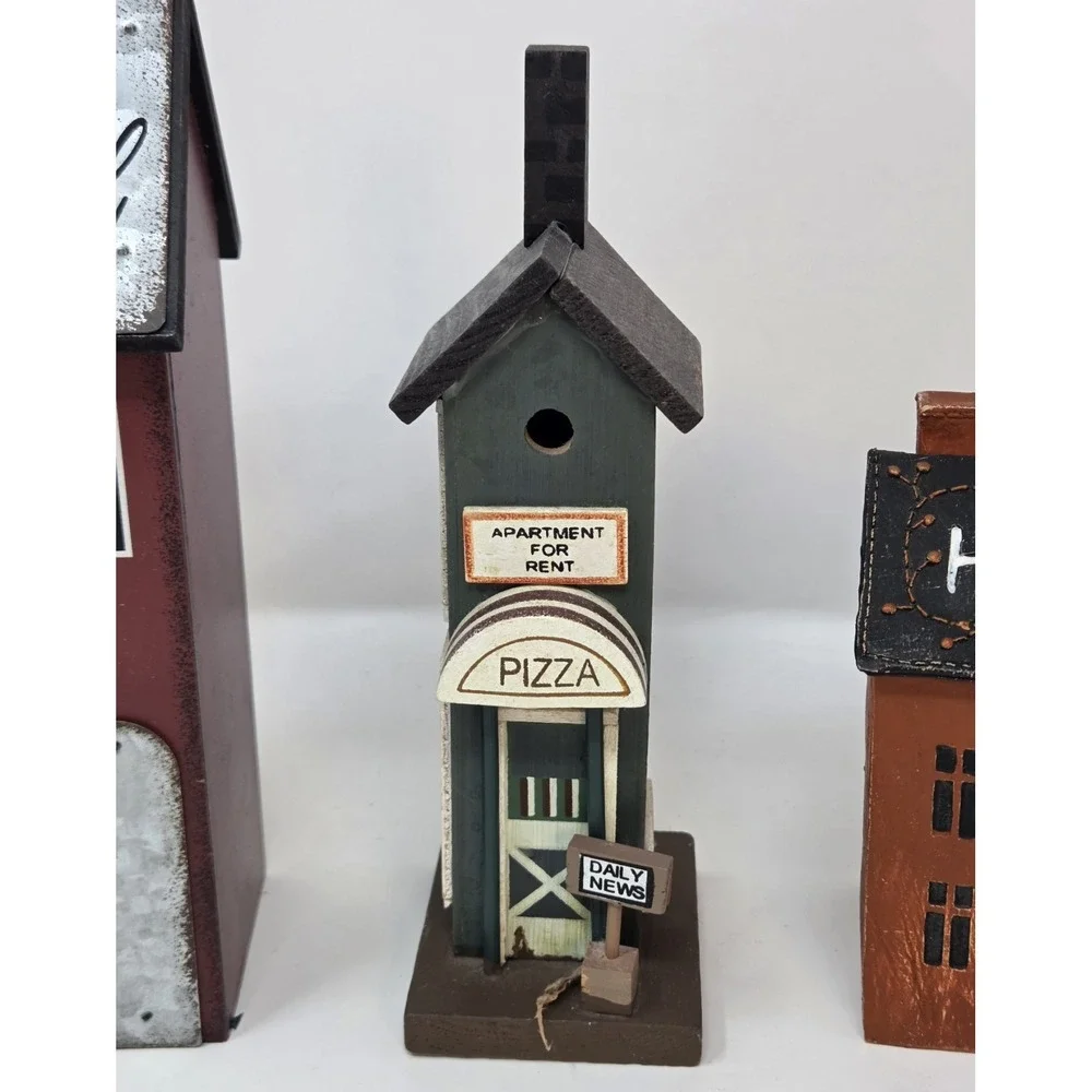 Primitive Farmhouse Wood House Decor Lot Set 3 Saltbox Birdhouse Pizza Shop